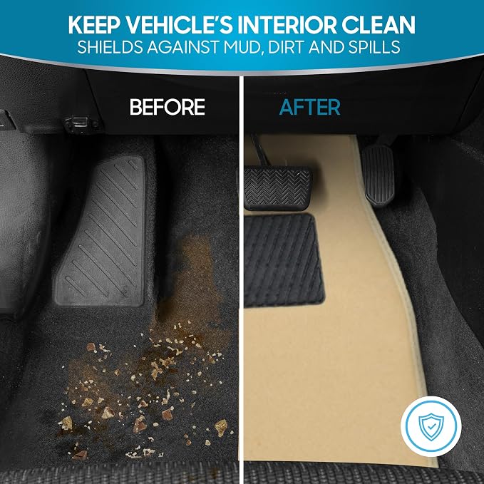 BDK Premium Light Beige Carpet Floor Mats for Cars - Universal Fit Interior 4-Piece Car Mats Full Set with Vinyl Heel Pad Protector - Cute Car Accessories Interior Floor Covers for SUVs & Trucks