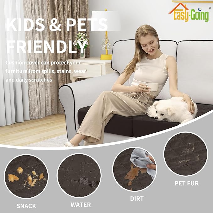 Easy-Going Waterproof Chair Cushion Cover, Non-Slip Leakproof Sofa Seat Cushion Slipcovers, Quilted and Stretch Furniture Protector for Dogs, Pets (1-Piece Chair Cushion, Chocolate)
