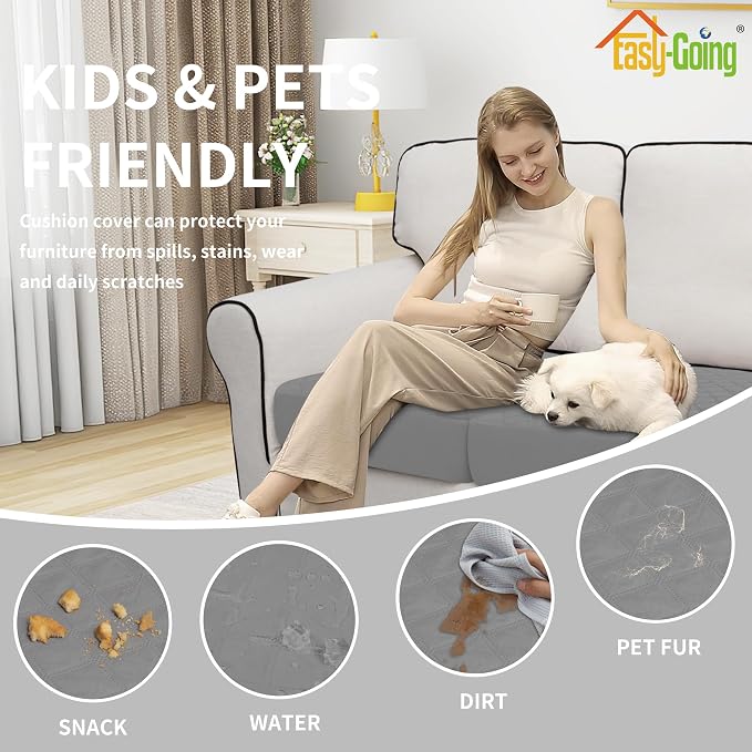 Easy-Going Waterproof Couch Cushion Covers, Non-Slip Leakproof Sofa Seat Cushion Slipcovers, Quilted and Stretch Furniture Protector for Dogs, Pets (2-Piece Sofa Cushion, Grey)