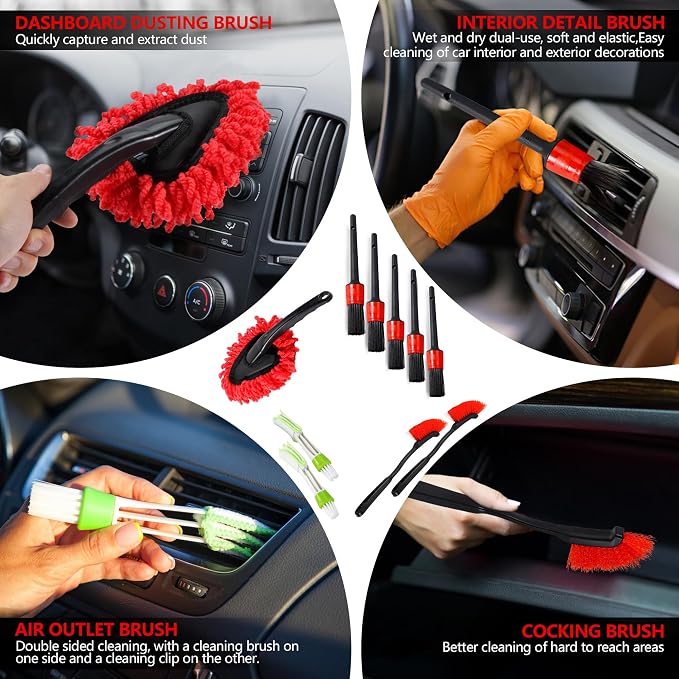 35Pcs Car Detailing Kit & Car Cleaning Kit, B:35PCS-R | Windshield Tool, Long Wheel Brush & 2 Angled Brushes, 4 Polishing Pads & 4 Wax Pads, Red Tool Box, Gift for Men