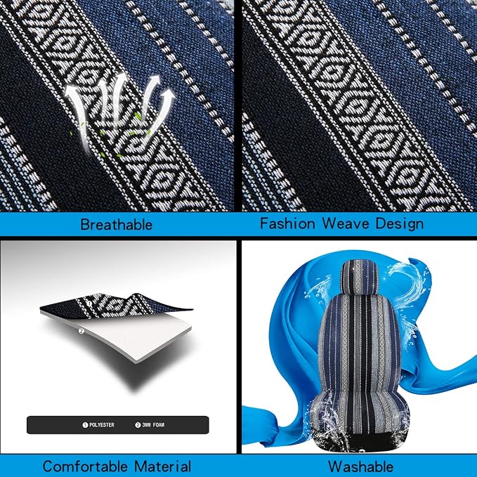 Baja Saddle Blanket Car Seat Covers 9PCS Full Set, Breathable and Washable Striped Woven Automotive Vehicle Seat Cover, Universal Seat Cover for Sedan, SUV, Truck, Airbag Compatible