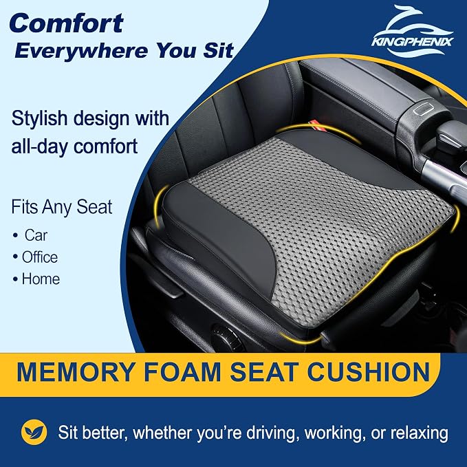 kingphenix Car Seat Cushion – Memory Foam Pad for Driving Comfort – Boosts Height and Relieves Coccyx & Lower Back Pain – Car, Truck, Office Chair (Leather Black & 4D Mesh Gray)