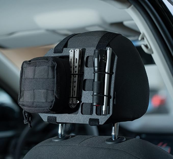 TACNEX Car Headrest Organizer MOLLE Panel for Vehicle Seat Back EDC Pouch Tool Holster Bag Gadget Holder Backpack Insert Panel Tactical Gear Rack Truck Equipment Plate Modular Storage Shelf