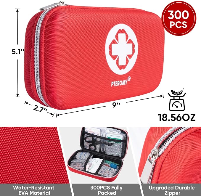 PTEROMY 300 Piece First Aid Kit, Portable Small Emergency Kits Compact 1st Aid Kit with Hard Storage Case for Car, Travel, Home, Camping, Outdoor, Hiking