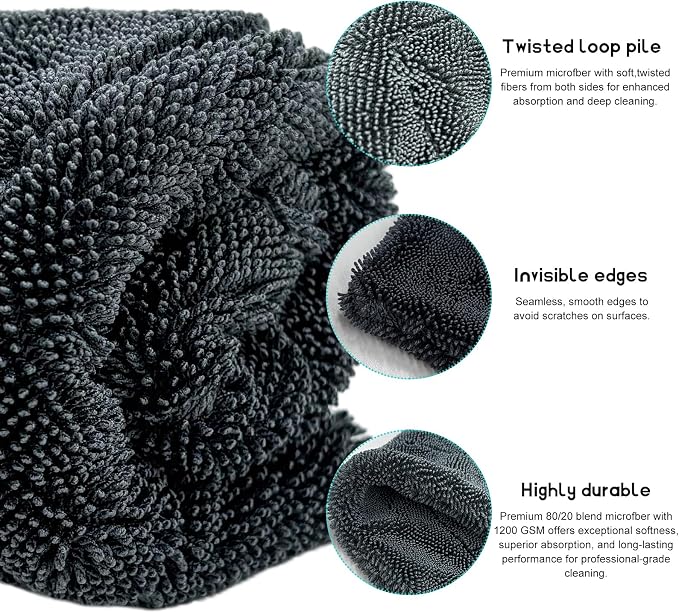 Microfiber Towels for Cars, 23.6"x35.4" 1200 GSM Ultra Thick Soft Car Detailing Drying Towel, Super Absorbent Double Twisted Loop Cloth Cleaning Towel for Car Truck SUV