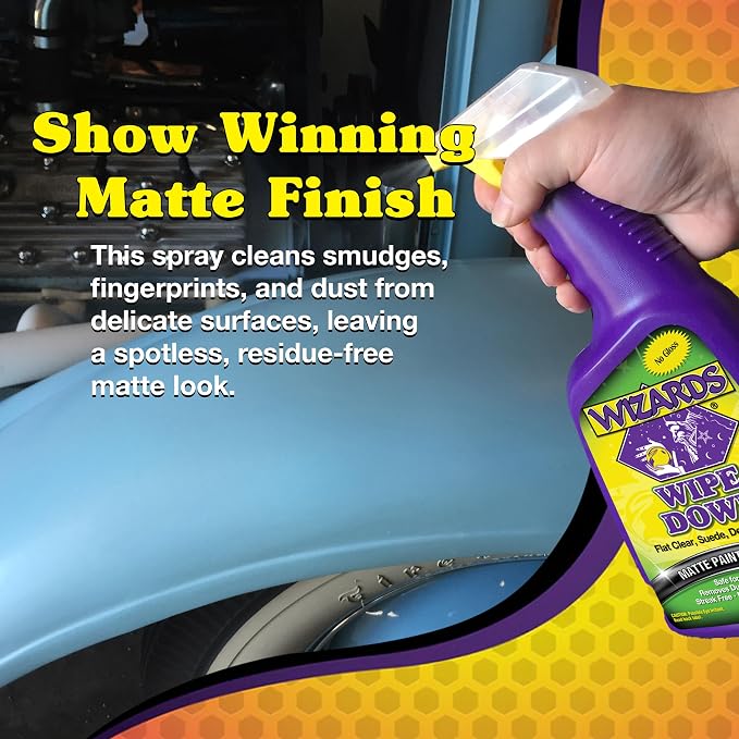 Wizards - Wipe Down Quick Detailer Spray - Matte Finish Cleaning Solution - Effortless On-The-Go Detailing for Flat, Suede, and Denim Surfaces - Professional Auto and Motorcycle Care Essential - 22 Oz