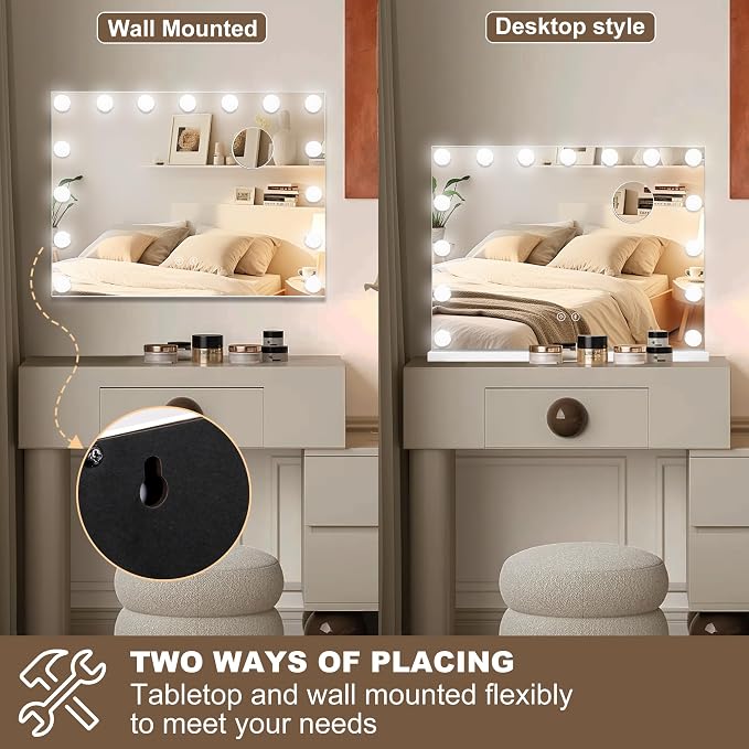 Moonee Vanity Mirror with Lights, Bluetooth Hollywood Lighted Makeup Mirror with 15 Dimmable Bulbs and 10X Magnification, 3 Colors Modes, Light Up Mirror, Gifts for Women, Girls(23" x 18")