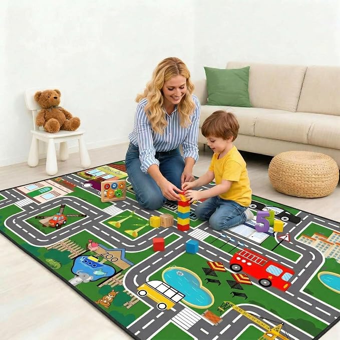 Car Rug 3x5 - Kids Playmat Rug - Educational Town City Map Carpet | Interactive street layout, Low-pile rolling surface, Textured rubber backing, High-density fabric, Machine washable