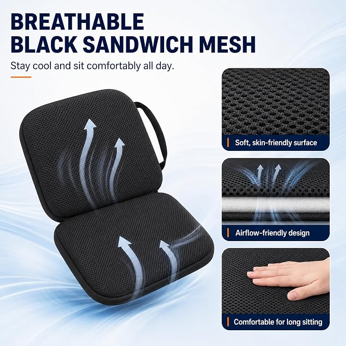 Sojoy 3 in 1 Foldable Gel Seat Cushion Featured with Memory Foam Breathable Seat Cushion for Pressure Relief (Size: 18.5“ x 15" x 2",Black Mesh)