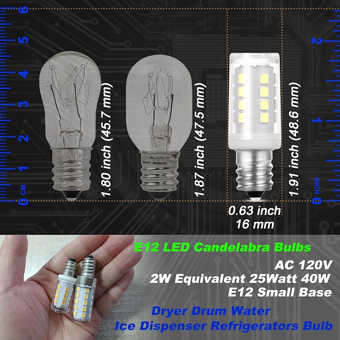 Dryer Light Bulb E12 Candelabra Base 2W 300lm 6000K Daylight White, 2 Pack | 10W 25W 40W Equivalent, AC120V, WE05X20431 WP22002263 Appliance Dryer Drum Water Ice Dispenser Refrigerators Bulb