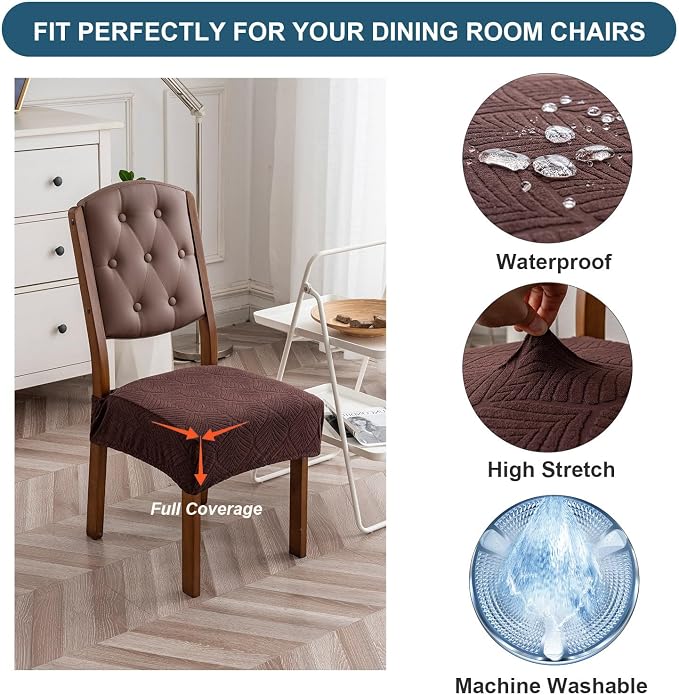 Removable Washable Dining Chair Seat Covers Set of 6,Stretch Jacquard Chair Seat Cushion Protector Slipcovers, Rear Covers