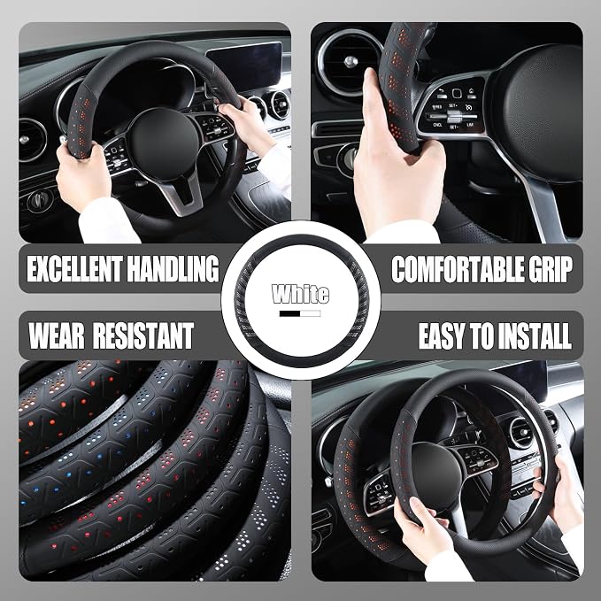 3D Slim Soft 14 inch Leather Steering Wheel Cover Black with White | Breathable Anti-Slip Premium Skin-Feel Perforated Thin Nappa Leather, Small 13.5 inch to 14 inch