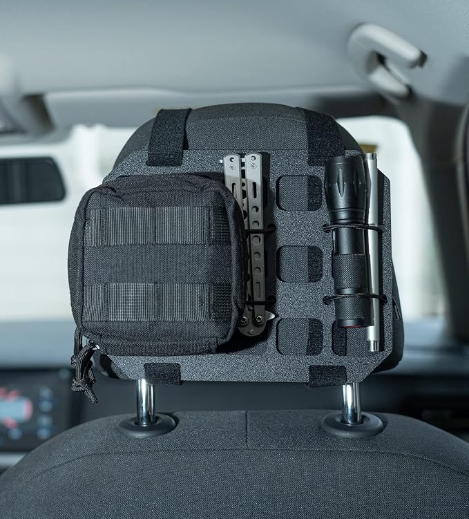 TACNEX Car Headrest Organizer MOLLE Panel for Vehicle Seat Back EDC Pouch Tool Holster Bag Gadget Holder Backpack Insert Panel Tactical Gear Rack Truck Equipment Plate Modular Storage Shelf