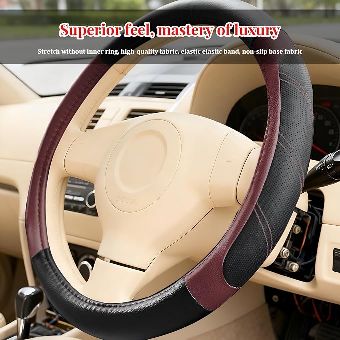 Car Steering Wheel Cover, 14.5-15" Non-Slip Soft Leather Breathable Sporty Steering Wheel Protector, Comfortable Automotive Interior Protection Accessories, Universal for Vehicles (Wine Red)