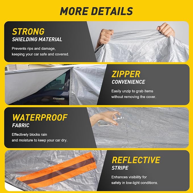 Caromop 10-Layer Waterproof Car Cover All Weather Protection (Snow, Rain, Sun) with Secure Fit Straps and Easy On/Off Zipper-Size T1 (See Size-Chart)
