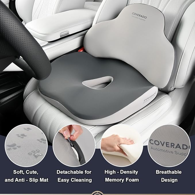 Coverado Seat Cushion and Lumbar Support Pillow for Car Office Chair, Ergonomic Memory Foam Desk Chair Cushion Back Support Pillow, Sciatica & Back & Tailbone Pain Relief Cushion