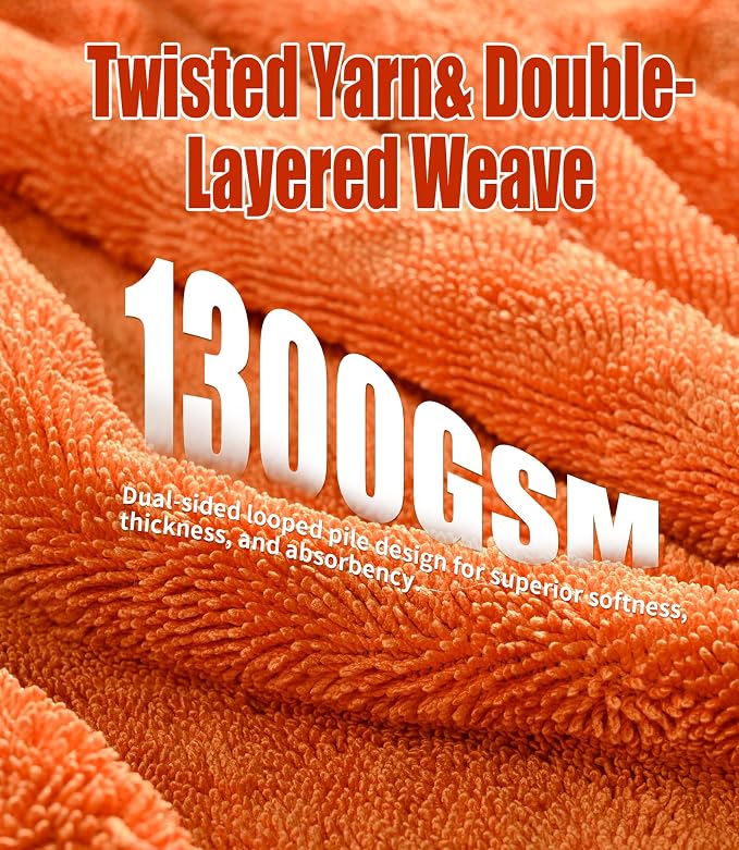 2-Pack Car Drying Towels 24x36 Inch 1300GSM, Twisted Loop Microfiber Cloth for Auto Detailing - Super Absorbent, Lint-Free & Streak-Free for SUV, Truck & Window(Gray-Orange)
