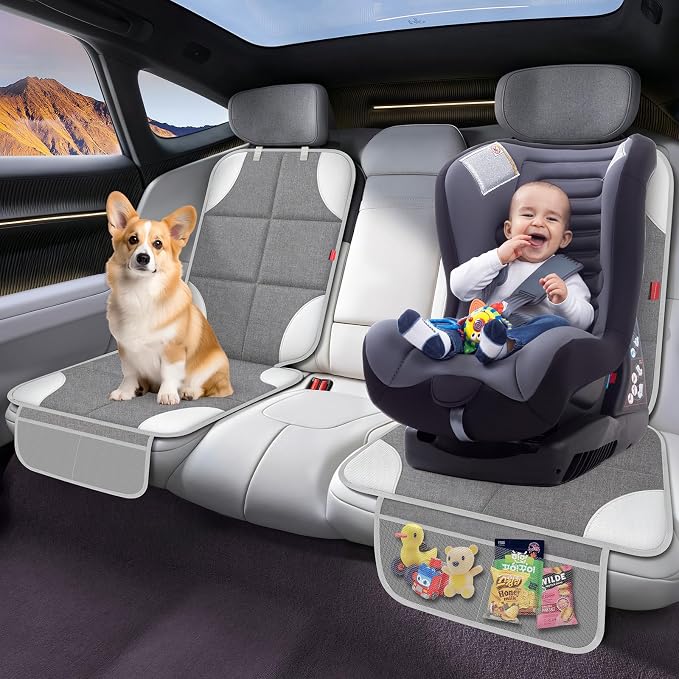 Car Seat Protector for Child Car Seat, 600D Fabric Carseat Seat Protectors, Seat Protector Under Baby Pet Car Seat with Upgraded Non-Slip Backing, Mesh Storage Pockets, Silver-Gray, 1PCS