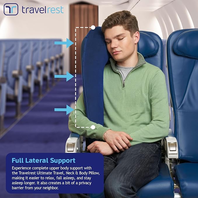 TRAVELREST Ultimate Travel Pillow & Body Pillow - Headrest, Auto, Bus, Train, Office Napping, Camping, Wheelchairs, Comfort and Support, Rolls Up, Straps to Airplane Seat & Car - Blue
