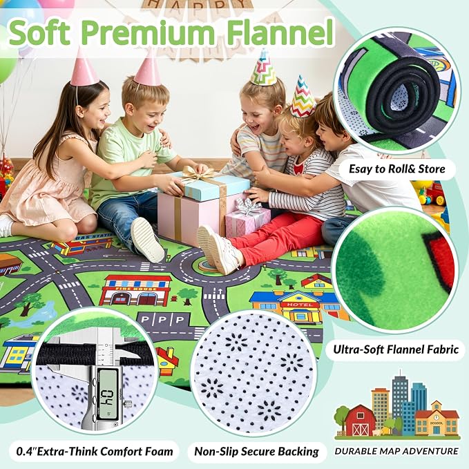 Kids Road Rug 4 x 6 Ft, City Car Play Mat for Kids with Realistic Colors, Non-Slip Floor Carpet for Classroom, Playroom & Bedroom