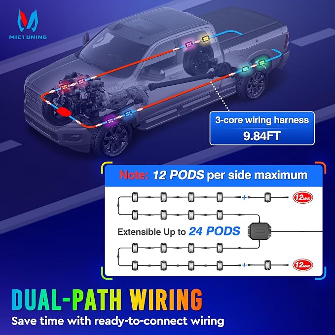 MICTUNING C2+ RGB+IC Chasing Color Ultra-Bright 12 Pods LED Rock Lights | Switch Wiring Kit, Extra Extensions, Aluminum Housing, IP68 Waterproof, Series/Parallel, Up to 24 Pods, Music Sync Mode