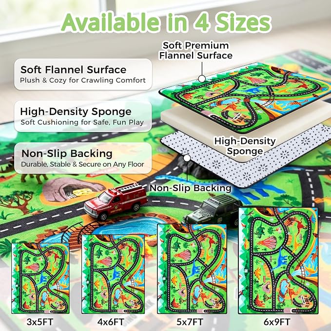 Kids Dinosaur Rug, 5x7 Ft Car Rug Play Mat for Kids | Extra Thick 0.4 in Soft Non-Slip Car Carpet Play Dino Rug with Realistic Roads for Toy Cars,Bedroom, Playroom & Nursery