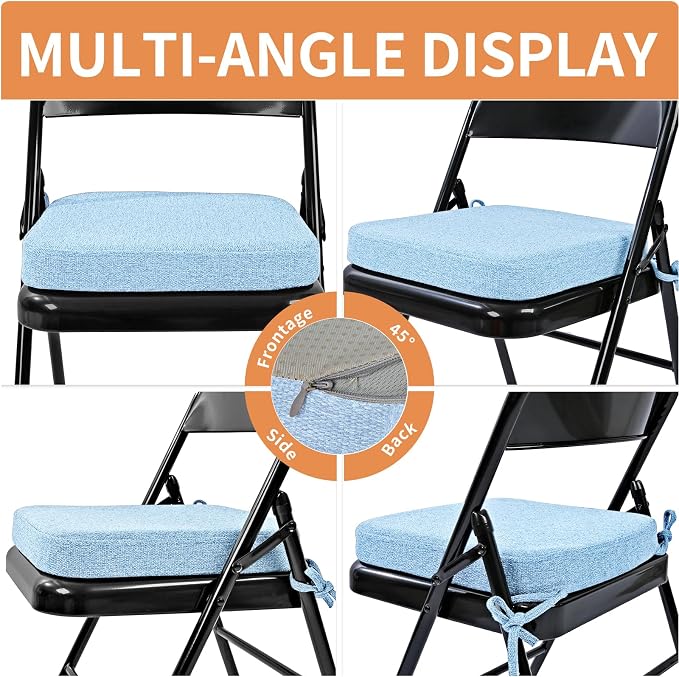 SINOSSO Memory Foam Chair Cushion for Folding Chair 1 Pcs, Thickened 2" Square Kitchen Chair Pad with Ties, Indoor Non-Slip Dining Chair Seat Cushion (1 Piece, Water Blue)