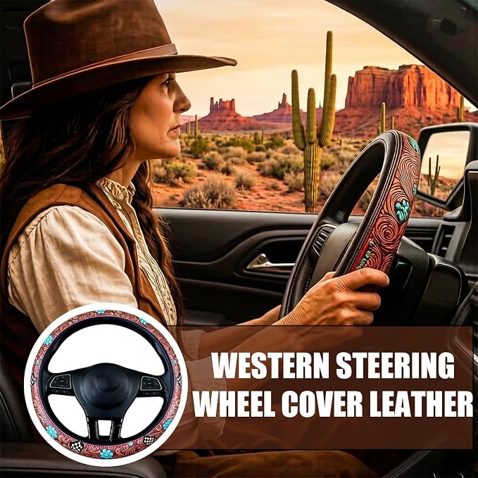 Western Cowboy Steering Wheel Cover - Retro Tooled Leather, Embossed Hand-Painted Design, Universal 15 Inch Anti-Slip Cover for SUV, Truck, Car, Breathable All-Weather, Easy to Install (Style-B)