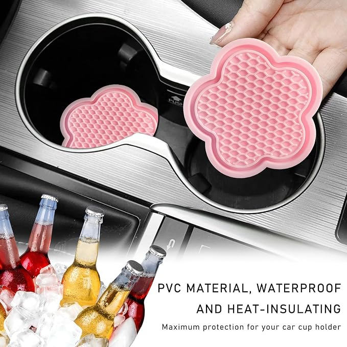 DXNQ 4 PCS Car Cup Coasters, Cute Flower Shaped Car Cup Holder Mat, PVC Waterproof Anti Slip Vehicle Cup Holder Insert Coaster, Universal Car Interior Decor Accessories (Pink)