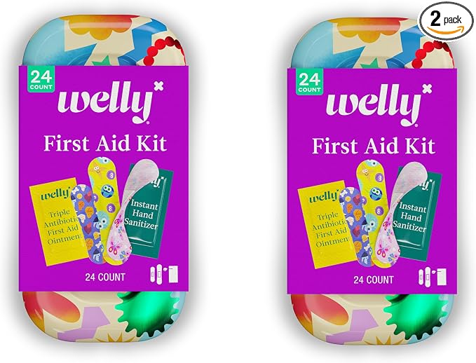 Welly Quick Fix, On The Go First Aid Kit, Assorted Bandages, Ointments, and Hand Sanitizer, Three Color Bandages - 2 Pack