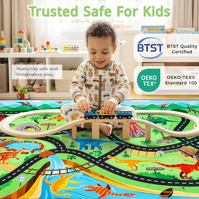 Kids Dinosaur Rug, 5x7 Ft Car Rug Play Mat for Kids | Extra Thick 0.4 in Soft Non-Slip Car Carpet Play Dino Rug with Realistic Roads for Toy Cars,Bedroom, Playroom & Nursery