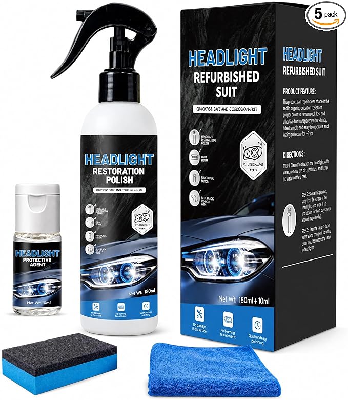 Headlight Restoration Kit, Removes Oxidation & Yellowing, UV Coating (5) | 180ml polish + 10ml ceramic coating, sponge & towel; for cars, trucks, SUVs, motorcycles; long-lasting UV protection