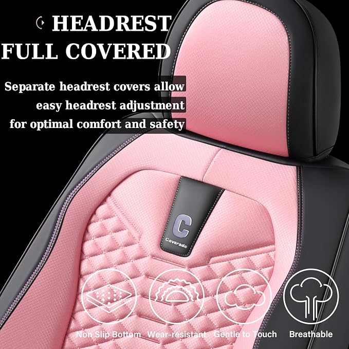 Coverado Car Seat Covers Full Set, 5 Seats Universal Seat Covers for Cars, Breathable Fabric& Faux Leather Auto Seat Cushions, Front and Rear Seat Protectors Fit for Most Sedans SUV Truck, Pink