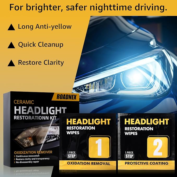 Headlight Restoration Kit, Ceramic Headlight Cleaner and Restorer Kit 2-Step Wipes, Removes Yellowing, Oxidation & Cloudiness, Restores Clarity Brings Headlights Back to Like New Condition