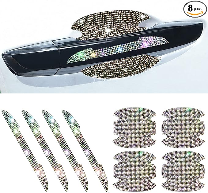 8Pcs Bling Rhinestone Car Door Handle Stickers Protector, Trim Auto Door Entry Guard Bling Stickers Car Accessories for Women and Men, Universal Car Accessories for All Cars (AB Color)