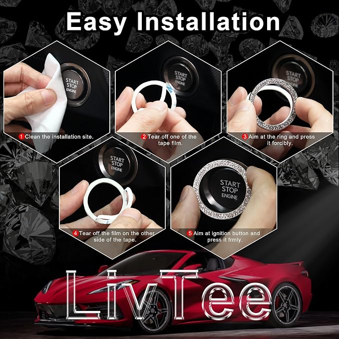 LivTee Car Engine Start Stop Decoration Ring, Crystal Double Rhinestone, Push to Start Button Cover/Sticker, Key Ignition & Knob Bling Ring, Bling Car Interior Accessories for Women, Light Blue