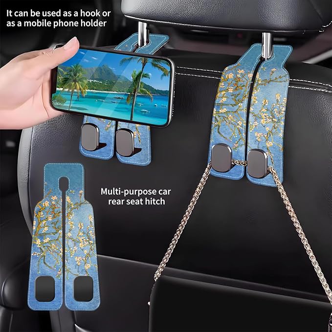 1 Pack Car Seat Headrest Hooks for Purses Abstract Blossoming Almond Tree Bag Purse Holder for Car with Double Metal Hooks Car Purse Hanger Hanging Accessories