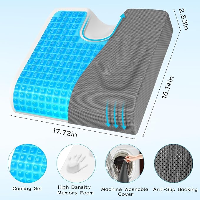 TranquilMoments Seat Cushion, Gel Wheelchair Seat Cushion,Ergonomic Chair Cushions for Office Chairs & Car, Relieve Sciatica, Back and Tailbone Pain, Removable Cover & Non - Slip Bottom, Grey