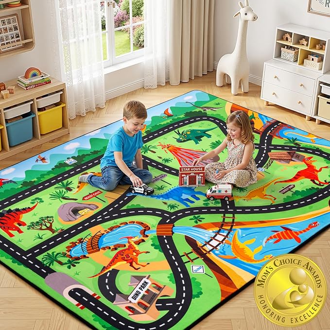 Kids Dinosaur Rug, 6x9 Ft Car Rug Play Mat for Kids | Extra Thick 0.4 in Soft Non-Slip Car Carpet Play Dino Rug with Realistic Roads for Toy Cars,Bedroom, Playroom & Nursery