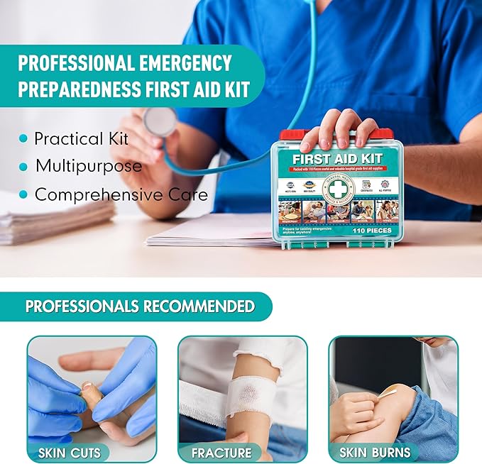 General Medi 110 Pieces Small First Aid Kit - HardCase First Aid Box - Contains Premium Medical Supplies for Travel, Home, Office, Vehicle, Camping, Workplace & Outdoor