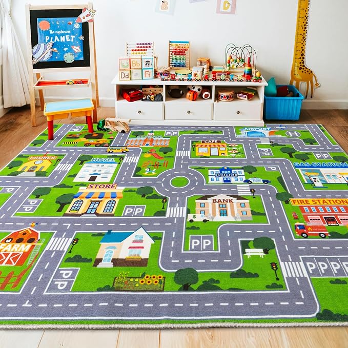 Car Rug Play Mat for Kids Toy Cars, City Road Traffic Playmat for Kid Bedroom, Non-Slip Machine Washable Kids Rugs for Learn and Have Fun 3'x4'/ 36"x48", Green