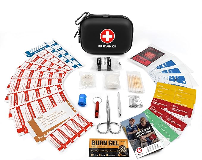 Mini First Aid Kit, 100 Pieces Water-Resistant Hard Shell Small Case - Perfect for Travel, Outdoor, Home, Office, Camping, Hiking, Car (Black)