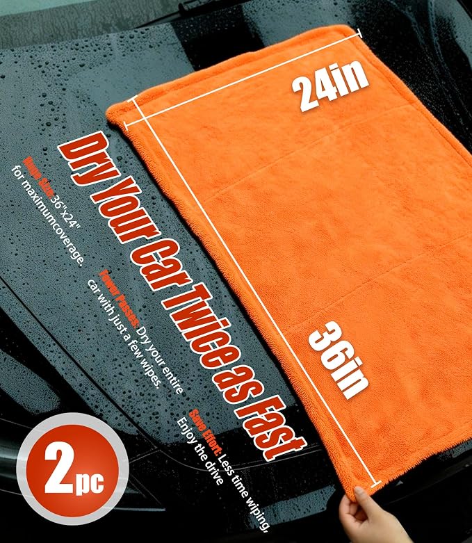 2-Pack Car Drying Towels 24x36 Inch 1300GSM, Twisted Loop Microfiber Cloth for Auto Detailing - Super Absorbent, Lint-Free & Streak-Free for SUV, Truck & Window(Gray-Orange)