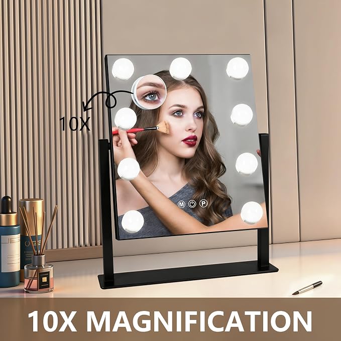 Moonee Vanity Mirror with Lights, Black Hollywood Lighted Makeup Mirror with 9 Dimmable Bulbs and 10X Magnification 360°Rotation, 3 Colors Modes, Light Up Mirror for Tabletop(12" x 14")