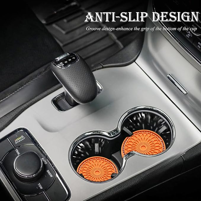 2PCS Bling Car Cup Holder Coasters, Bling Shockproof Cup Mat for Women Girls, Universal Fit for Most Vehicles (Orange & White)