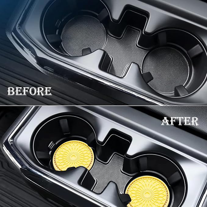 2PCS Bling Car Cup Holder Coasters, 2.75 Inch Silicone Anti-Slip Insert, Bling Shockproof Cup Mat for Women Girls, Universal Fit for Most Vehicles (Yellow & White)