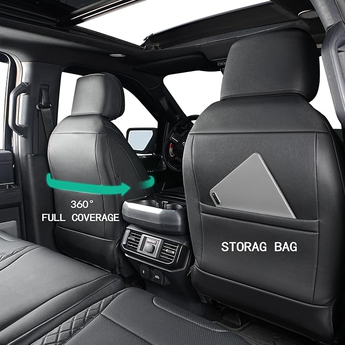 F150 Front Seat Covers, Custom Fit Ford 2021-2026 F150 SuperCrew XL,XLT, 2023 2024 2025 2026 F250 F350 F450 XL XLT Crew Cab, Black Leather (Only for Front Seats)