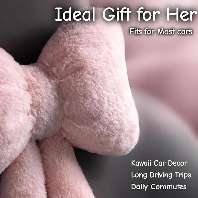 Car Neck Pillow 2PCS Plush Bowknot Car Headrest Pillow – Comfortable Neck Support for Driving Soft Touch Fabric Car Pillow Cute Interior Decor (Pink)