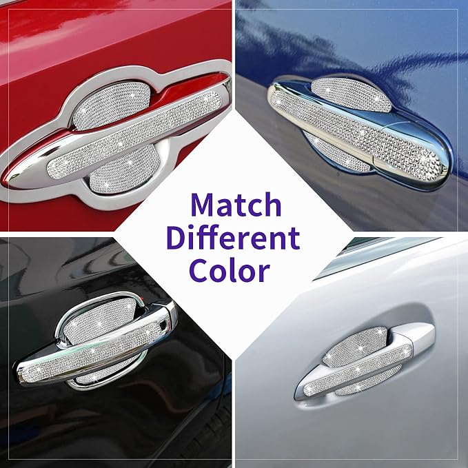 INSAUTO 8 Pieces Bling Car Door Handle Scratch Protector, Universal Rhinestone Car Stickers for Women, Automotive Exterior Accessories (Silver)