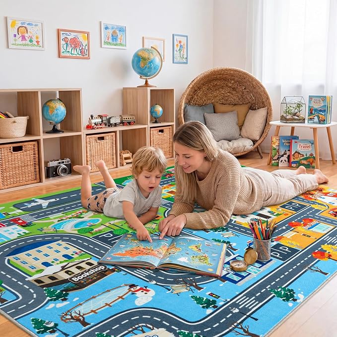 Car Rug Play Mat for Kids Toy Cars, 4' x 5' Town City Track Road Carpet, Non-Slip Machine Washable Town City Track Road Rugs Four Seasons Theme Traffic Mat for Kids Room Bedroom Game Safe Area